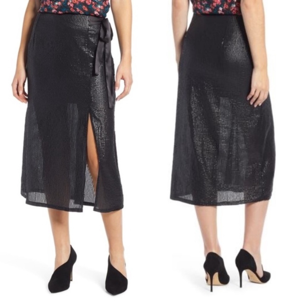 Something Navy Black Wrap Skirt Midi Sequin Slit Party Fancy Evening Holiday M